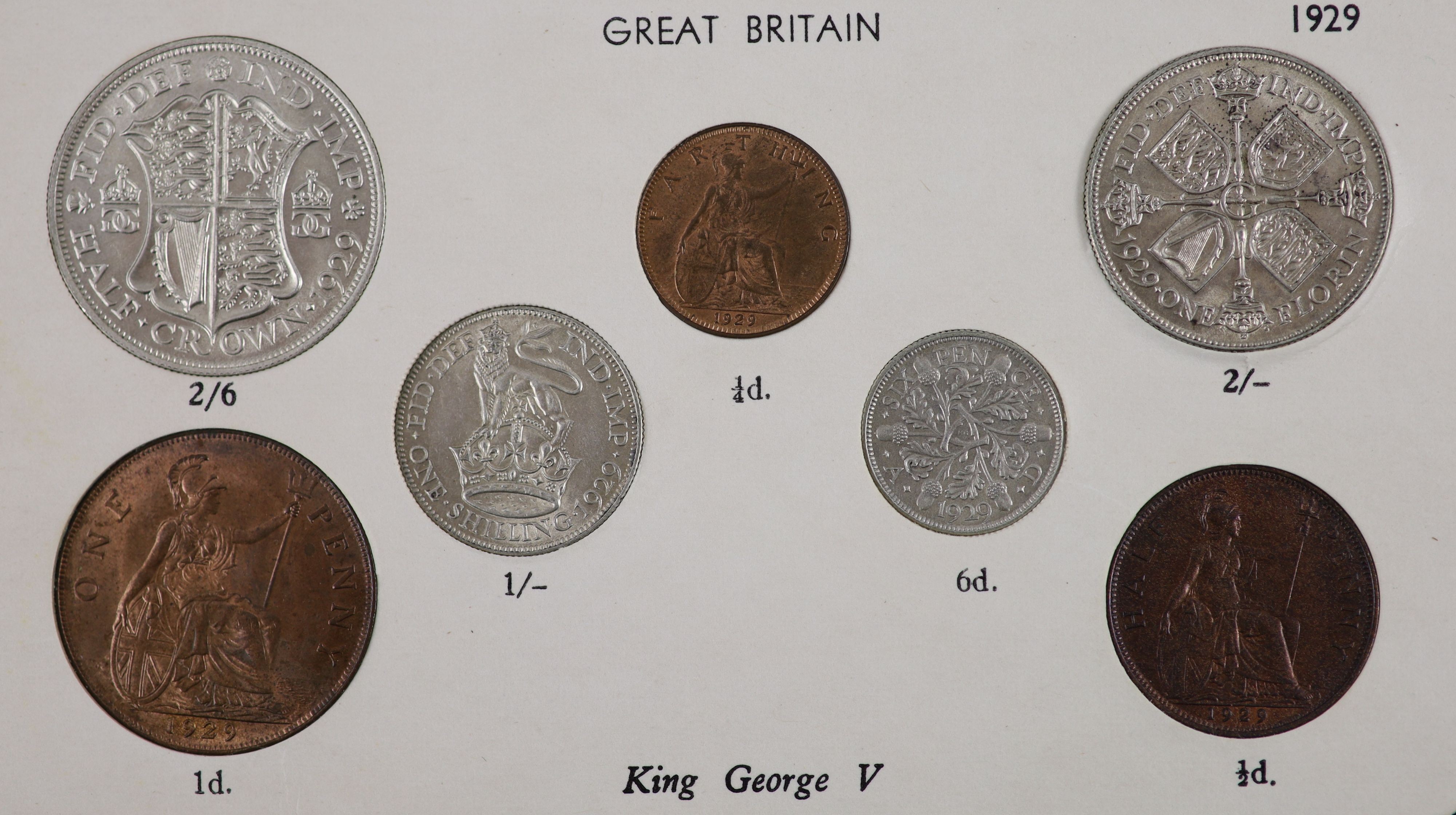 A George V specimen set of eight coins, 1929, fourth coinage, comprising Crown, (S4036), cleaned otherwise about EF, halfcrown to threepence, cleaned otherwise about EF, penny to farthing, toned and lustrous UNC